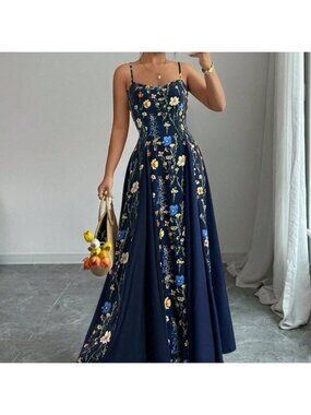 Navy Blue Boho Women's Elegant Sleeveless Long Floral Maxi Dress